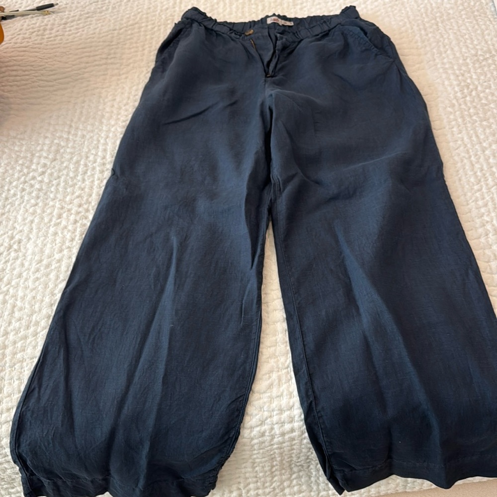 Faherty navy blue linen wide leg pant